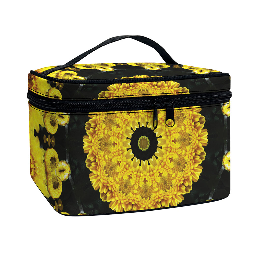 Yellow Flower Kaleidoscope Print Travel Makeup Bag