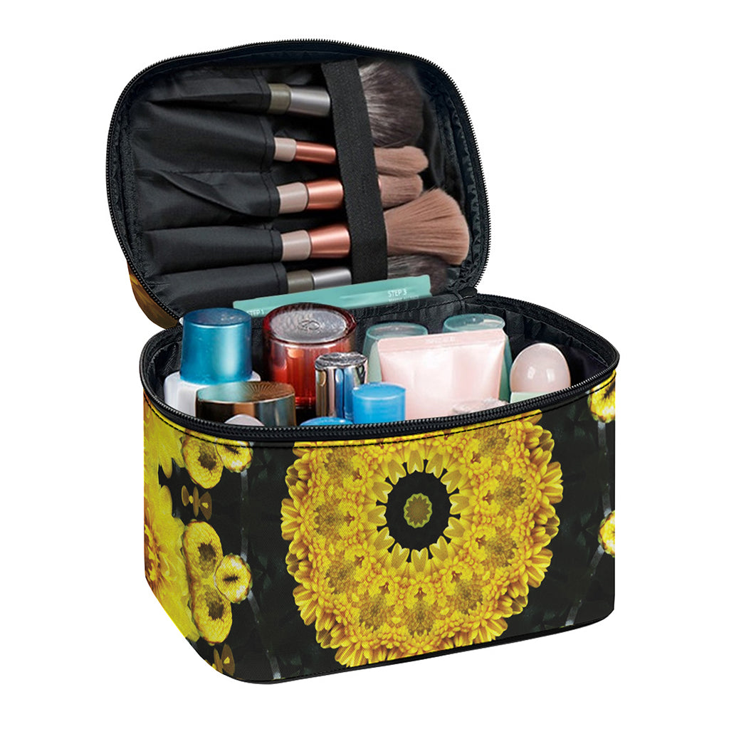 Yellow Flower Kaleidoscope Print Travel Makeup Bag