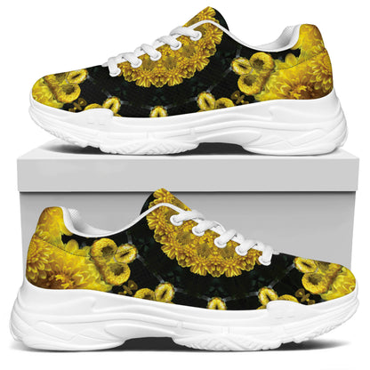 Yellow Flower Kaleidoscope Print White Chunky Shoes