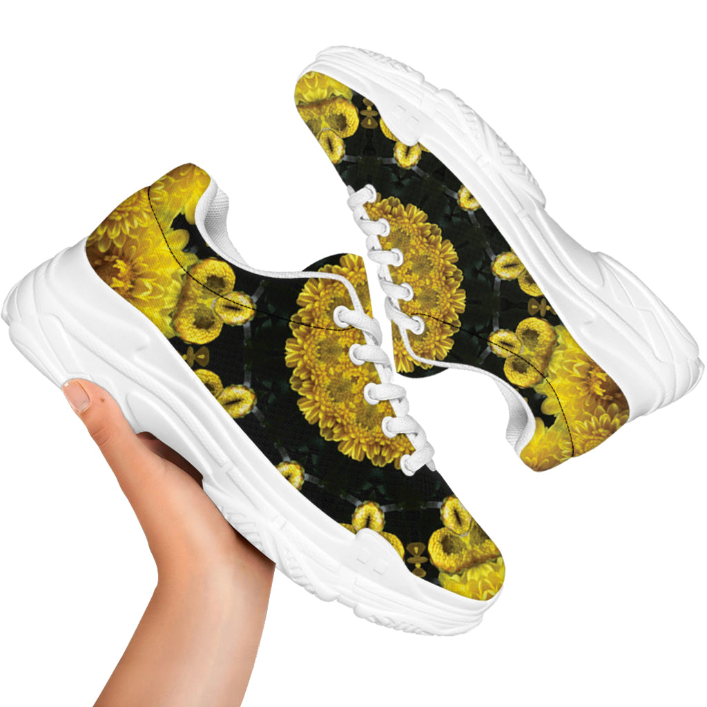 Yellow Flower Kaleidoscope Print White Chunky Shoes