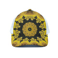 Yellow Flower Kaleidoscope Print White Mesh Trucker Hat
