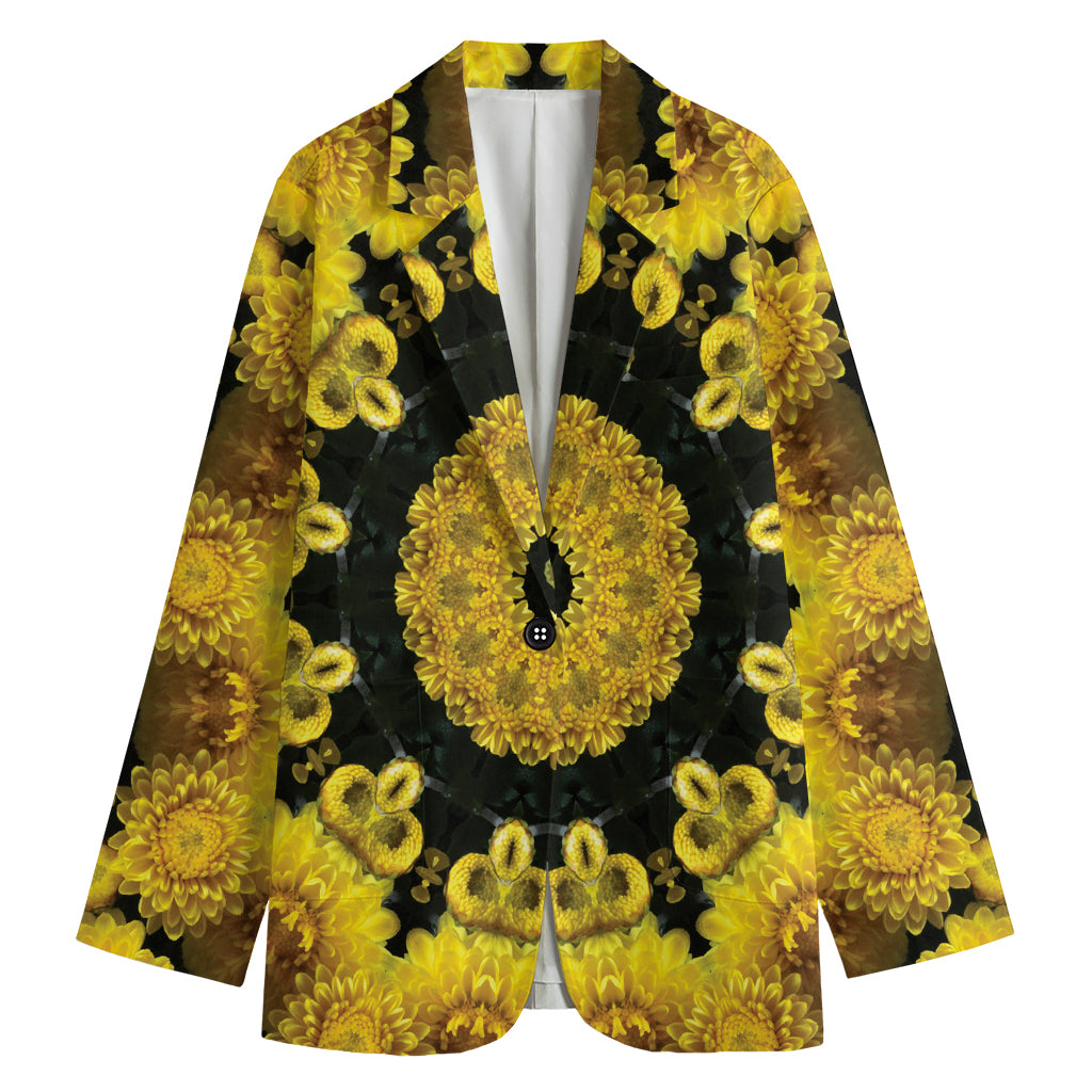 Yellow Flower Kaleidoscope Print Women's Blazer