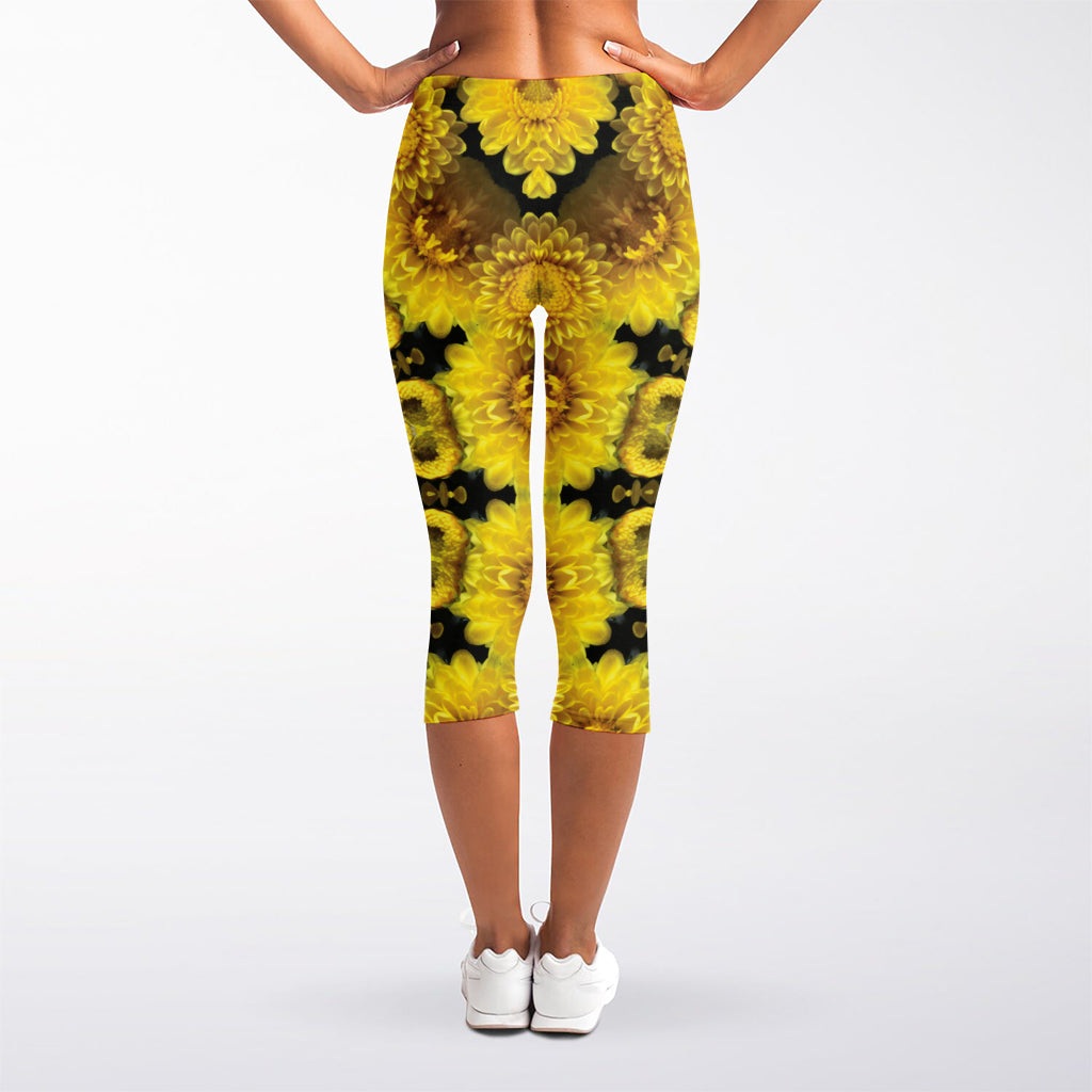 Yellow Flower Kaleidoscope Print Women's Capri Leggings
