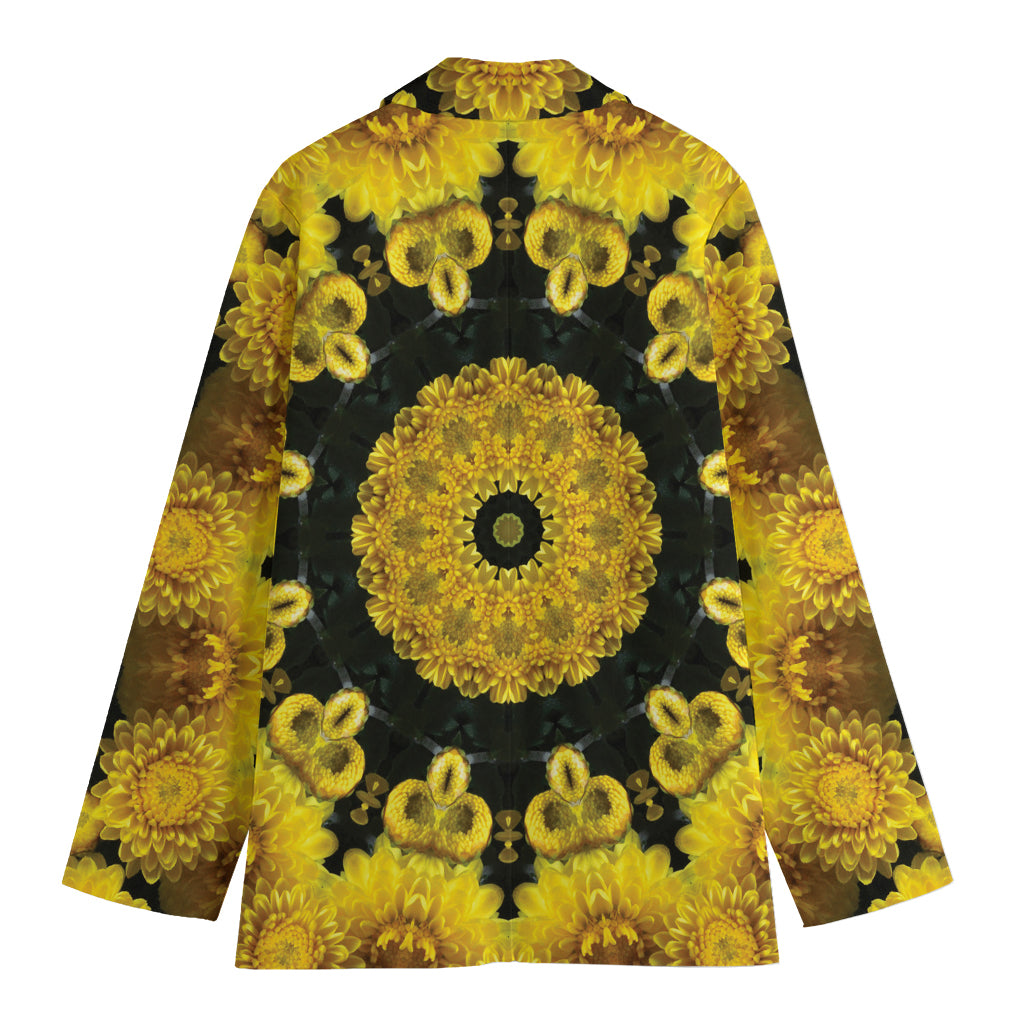 Yellow Flower Kaleidoscope Print Women's Cotton Blazer