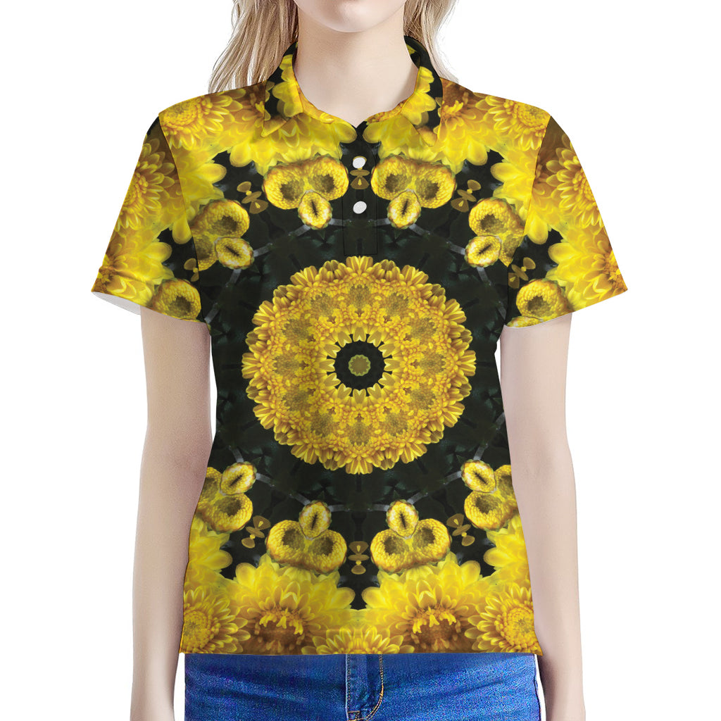 Yellow Flower Kaleidoscope Print Women's Polo Shirt