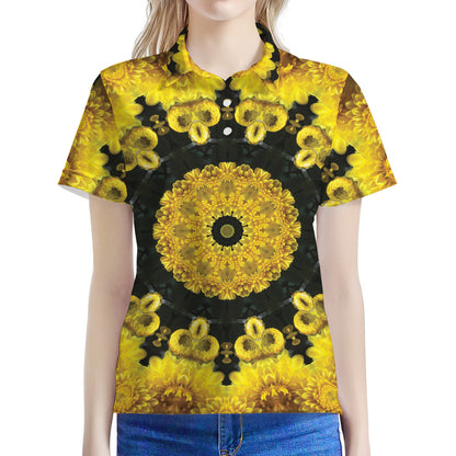 Yellow Flower Kaleidoscope Print Women's Polo Shirt