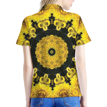 Yellow Flower Kaleidoscope Print Women's Polo Shirt