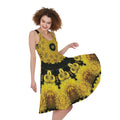 Yellow Flower Kaleidoscope Print Sleeveless Knee Length Dress