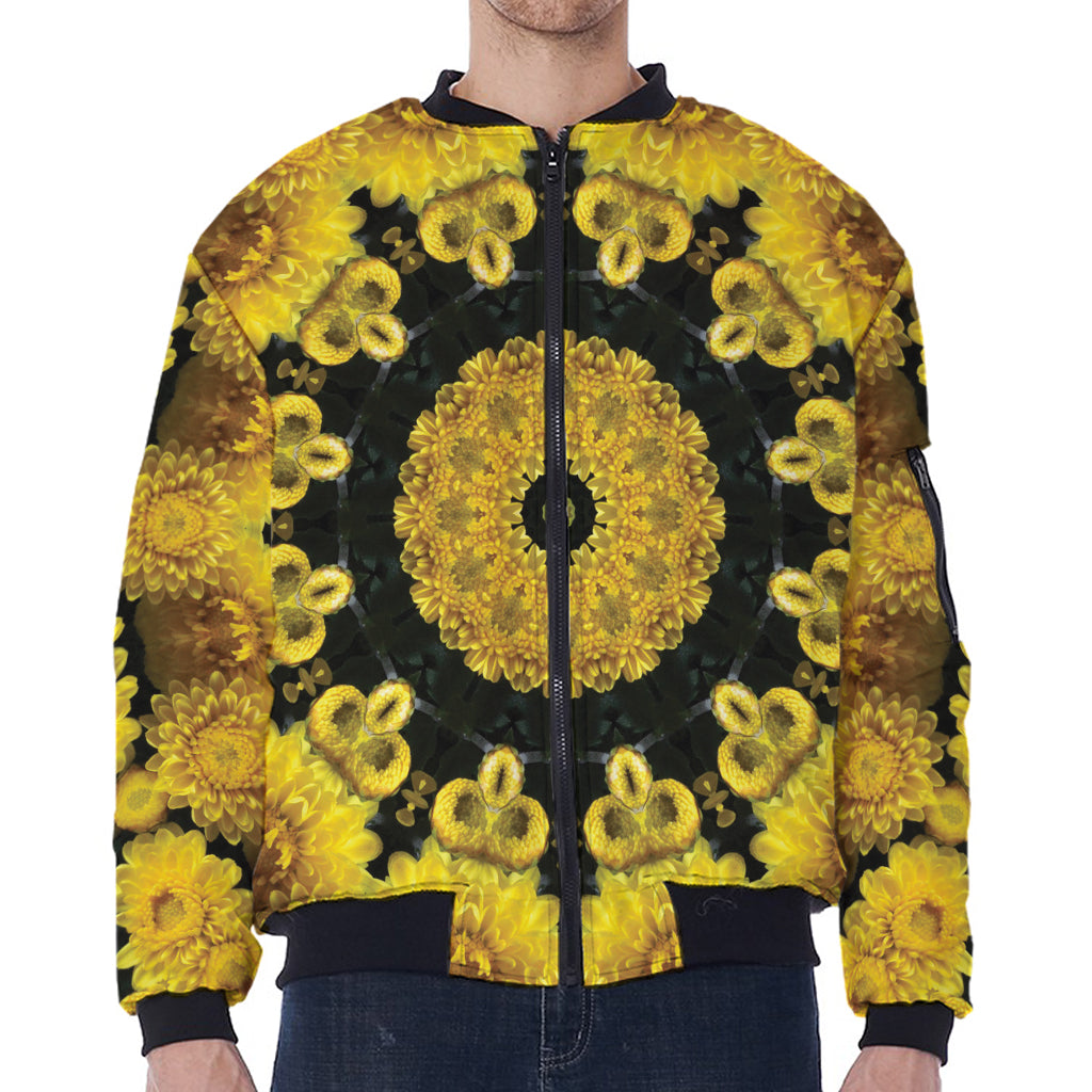 Yellow Flower Kaleidoscope Print Zip Sleeve Bomber Jacket