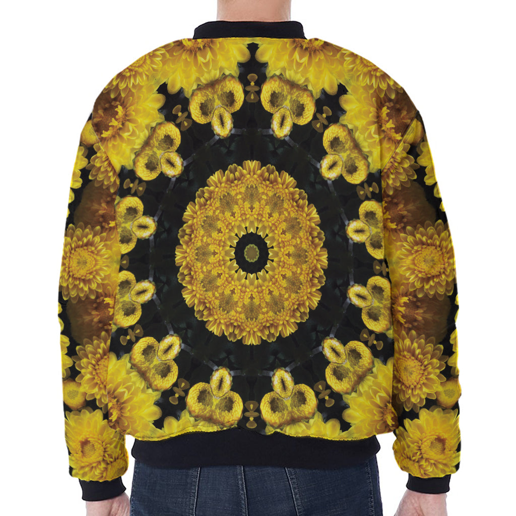 Yellow Flower Kaleidoscope Print Zip Sleeve Bomber Jacket