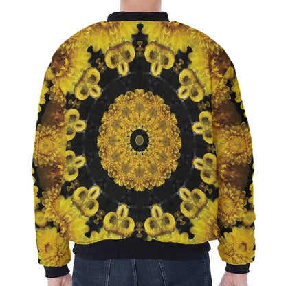 Yellow Flower Kaleidoscope Print Zip Sleeve Bomber Jacket