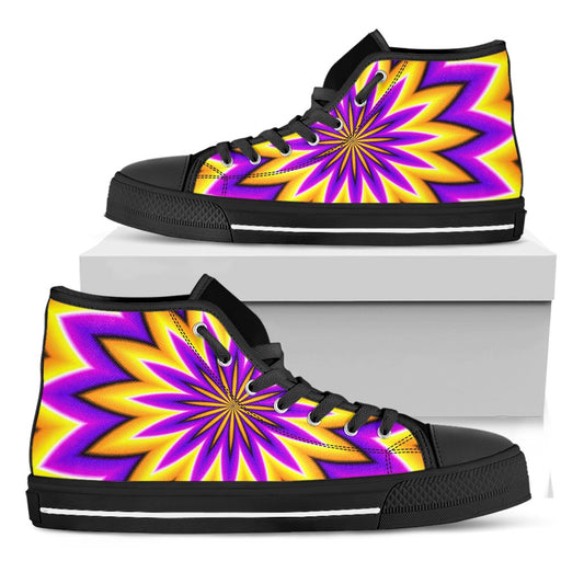 Yellow Flower Moving Optical Illusion Black High Top Sneakers