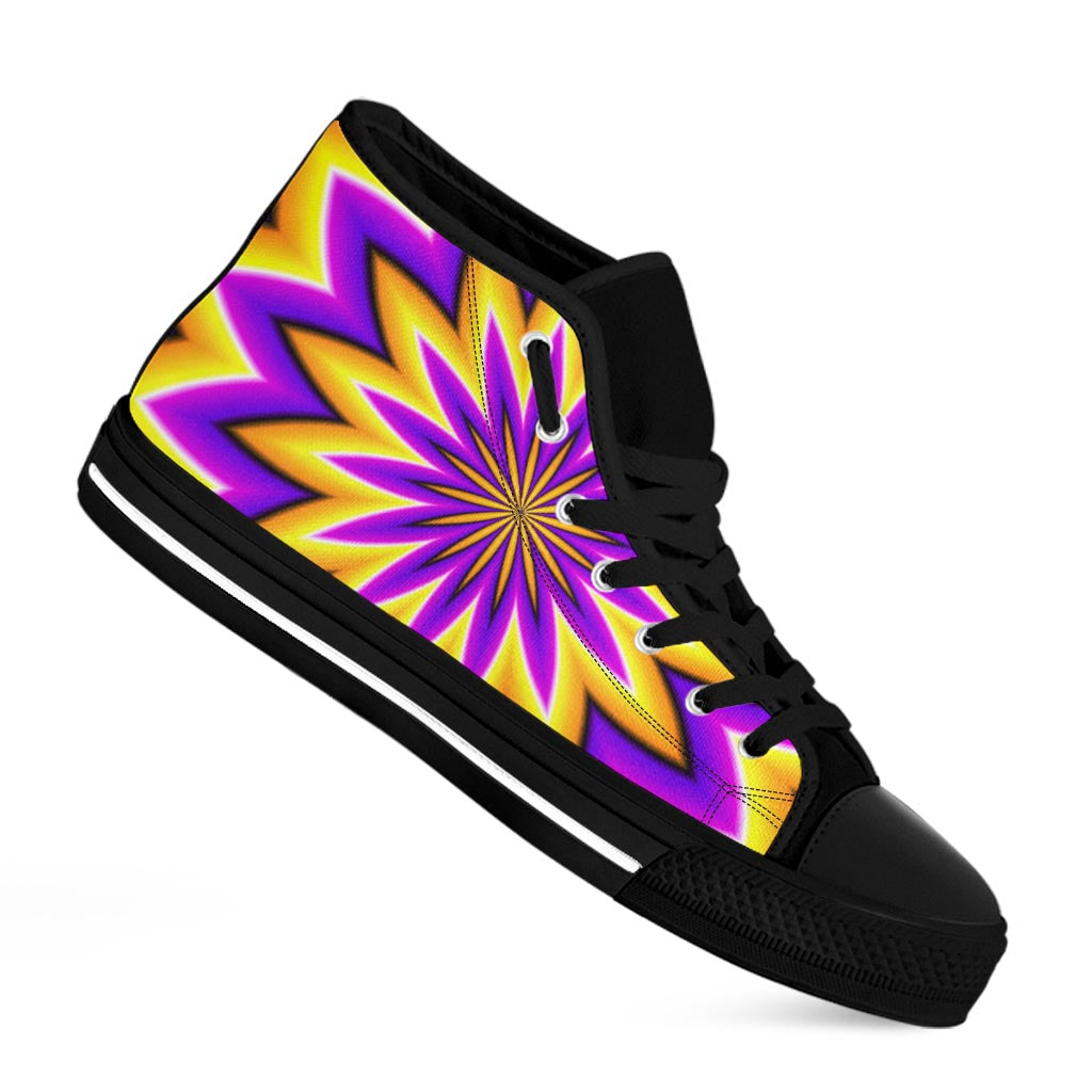 Yellow Flower Moving Optical Illusion Black High Top Sneakers