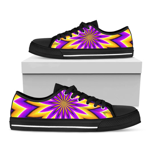 Yellow Flower Moving Optical Illusion Black Low Top Sneakers