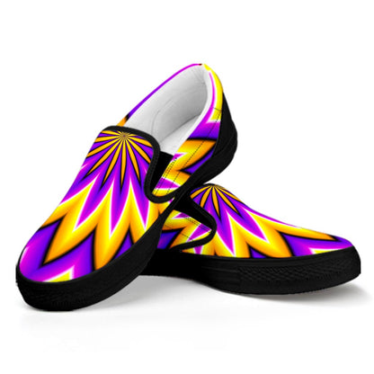 Yellow Flower Moving Optical Illusion Black Slip On Sneakers