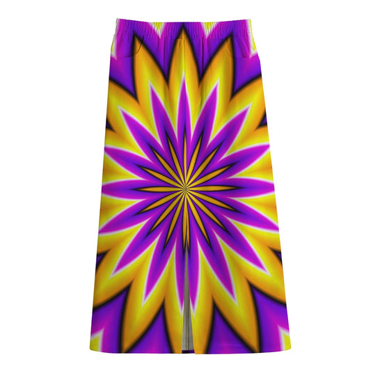 Yellow Flower Moving Optical Illusion Cotton Front Slit Maxi Skirt