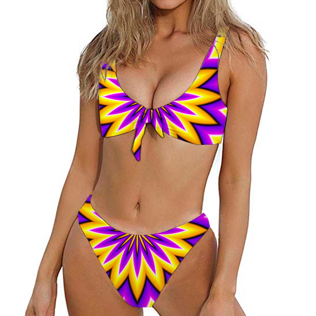 Yellow Flower Moving Optical Illusion Front Bow Tie Bikini