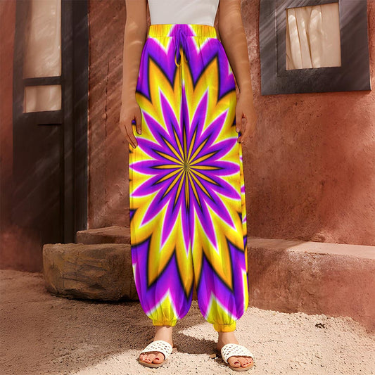 Yellow Flower Moving Optical Illusion Harem Pants