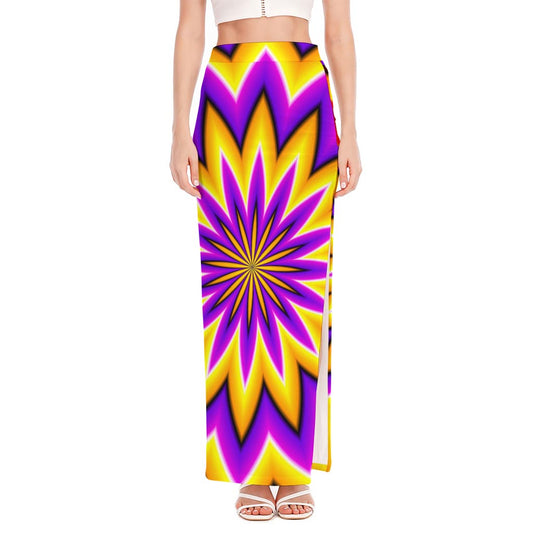 Yellow Flower Moving Optical Illusion High Slit Maxi Skirt