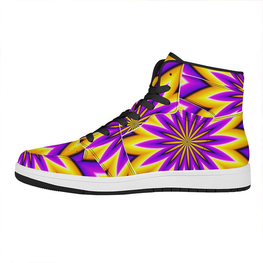 Yellow Flower Moving Optical Illusion High Top Leather Sneakers