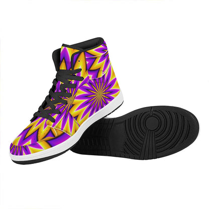 Yellow Flower Moving Optical Illusion High Top Leather Sneakers
