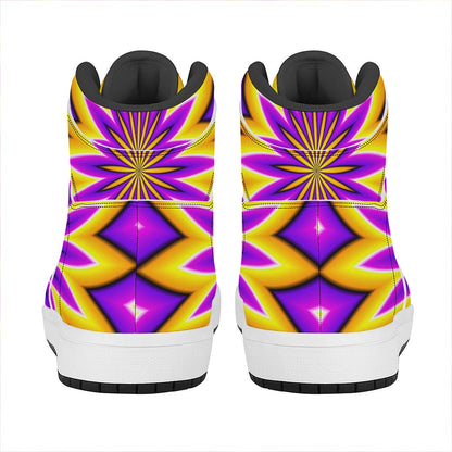 Yellow Flower Moving Optical Illusion High Top Leather Sneakers