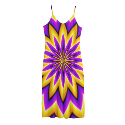 Yellow Flower Moving Optical Illusion Jersey Midi Cami Dress