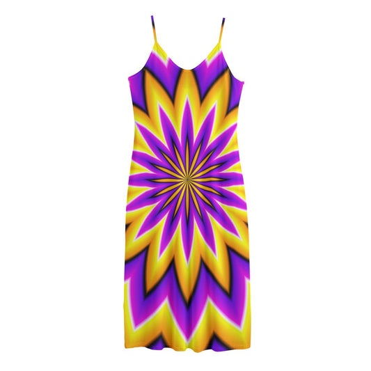 Yellow Flower Moving Optical Illusion Jersey Midi Cami Dress