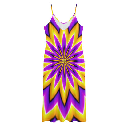Yellow Flower Moving Optical Illusion Jersey Midi Cami Dress