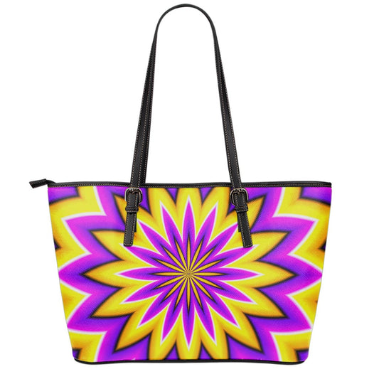 Yellow Flower Moving Optical Illusion Leather Tote Bag