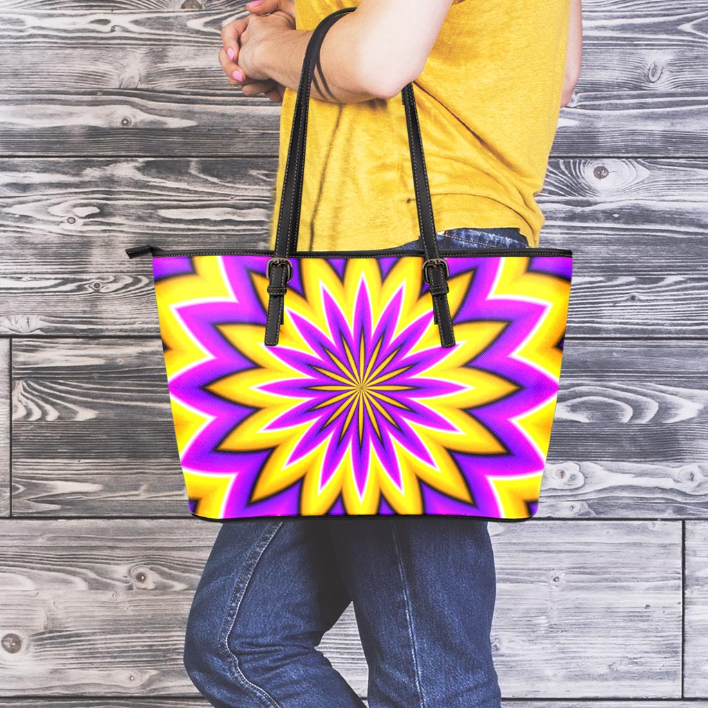 Yellow Flower Moving Optical Illusion Leather Tote Bag