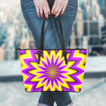 Yellow Flower Moving Optical Illusion Leather Tote Bag