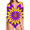 Yellow Flower Moving Optical Illusion Long Sleeve Swimsuit