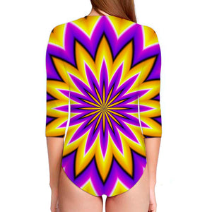 Yellow Flower Moving Optical Illusion Long Sleeve Swimsuit