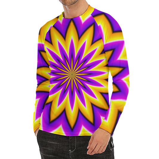 Yellow Flower Moving Optical Illusion Men's Long Sleeve Rash Guard