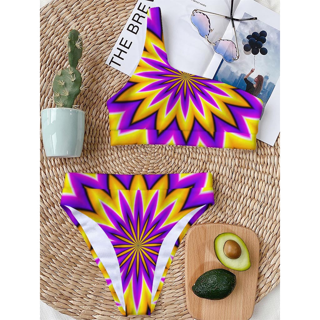 Yellow Flower Moving Optical Illusion One Shoulder Bikini Top