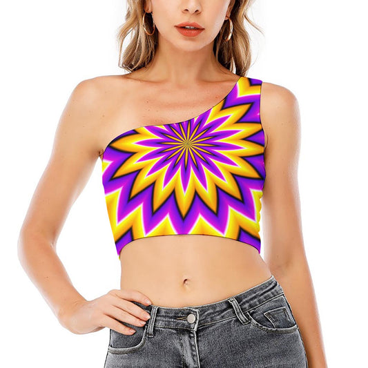 Yellow Flower Moving Optical Illusion One Shoulder Crop Top