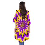 Yellow Flower Moving Optical Illusion Open Front Beach Cover Up