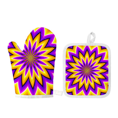Yellow Flower Moving Optical Illusion Oven Mitt And Pot Holder Set