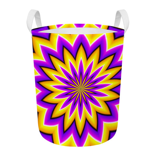 Yellow Flower Moving Optical Illusion Round Laundry Basket