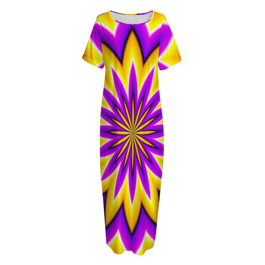 Yellow Flower Moving Optical Illusion Short Sleeve Long Nightdress