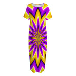 Yellow Flower Moving Optical Illusion Short Sleeve Long Nightdress
