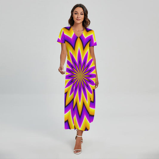 Yellow Flower Moving Optical Illusion Short Sleeve Maxi Dress