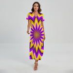 Yellow Flower Moving Optical Illusion Short Sleeve Maxi Dress