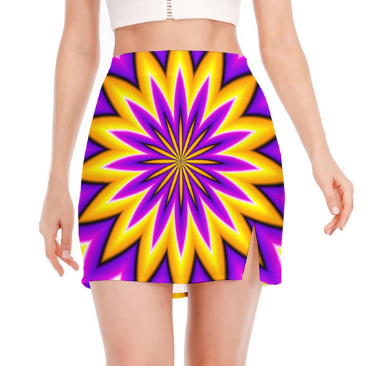 Yellow Flower Moving Optical Illusion Side Slit Mini Skirt