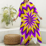 Yellow Flower Moving Optical Illusion Silk V-Neck Kaftan Dress
