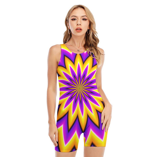 Yellow Flower Moving Optical Illusion Sleeveless One Piece Swimsuit