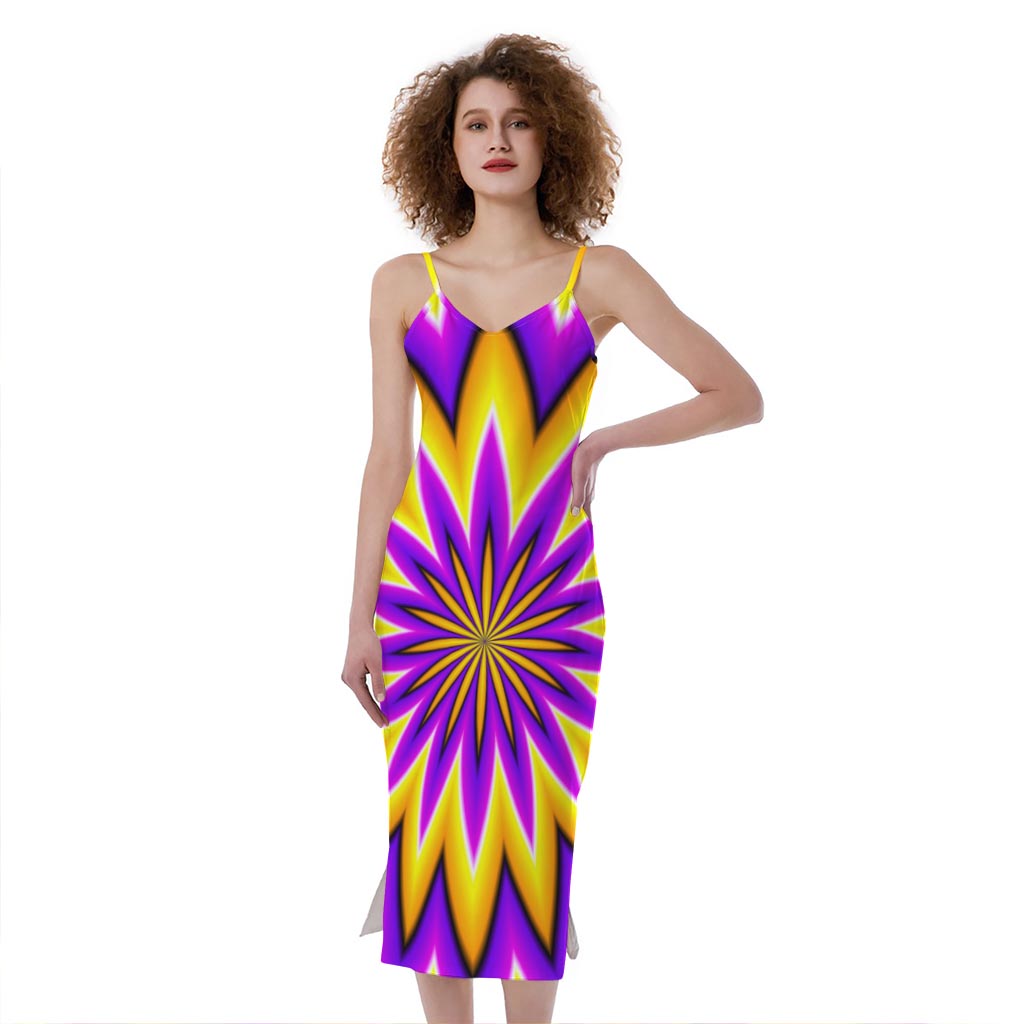 Yellow Flower Moving Optical Illusion Slim Fit Midi Cami Dress  GearFrost