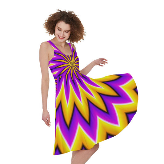 Yellow Flower Moving Optical Illusion Women's Sleeveless Dress