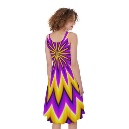 Yellow Flower Moving Optical Illusion Women's Sleeveless Dress